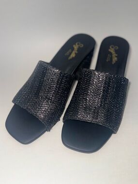 Seychelles Black Woven Slide Mules Sandals Chunky Heel